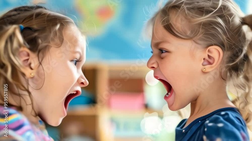 Two young girls express their emotions loudly while playing in a colorful classroom setting
