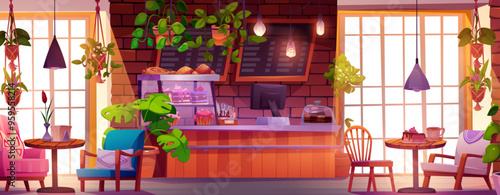 Coffee shop interior design. Modern cafe or bar vector background. Bakery cafeteria with window, counter, menu board and table inside. Empty indoor breakfast space with delicious cake and cappuccino