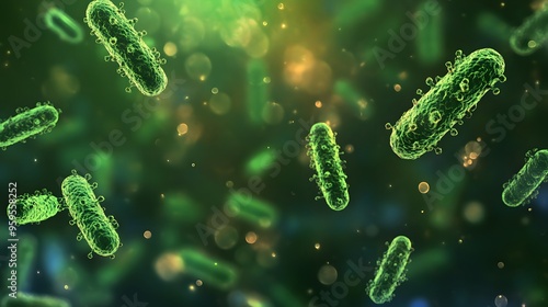 Microscopic floating bacteria on vivid green background