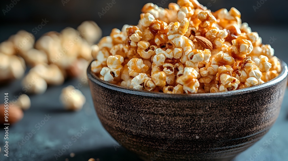 Caramelized Almond Popcorn in a Rustic Wooden Bowl A Delightful Savory Treat Caramelized Almond Popcorn in a Rustic Wooden Bowl A Delightful Savory Treat
