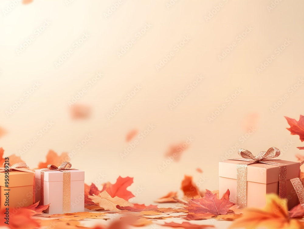 Fototapeta premium Fall Leaves autumn Maple Leaf Gift Box Graphic Wallpaper, Generative AI