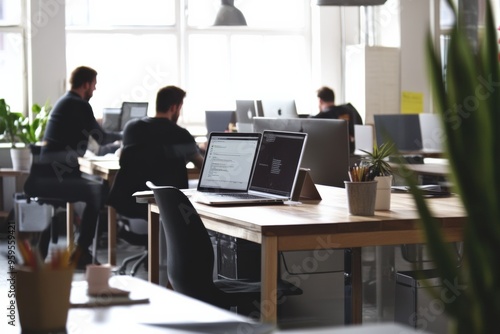 Capture a modern office space with people working on laptops, engaging in meetings, and collaborating on projects. Emphasize productivity and teamwork in a clean, bright setting.