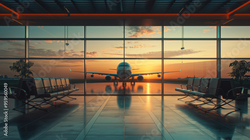 Empty airport terminal lounge with airplane on background