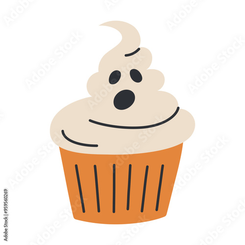 Vector illustration of cartoon style ghostly muffin for Halloween parties and designs. Cute and spooky cupcake with a white icing ghost face, decoration idea for a gothic horror themed celebrations
