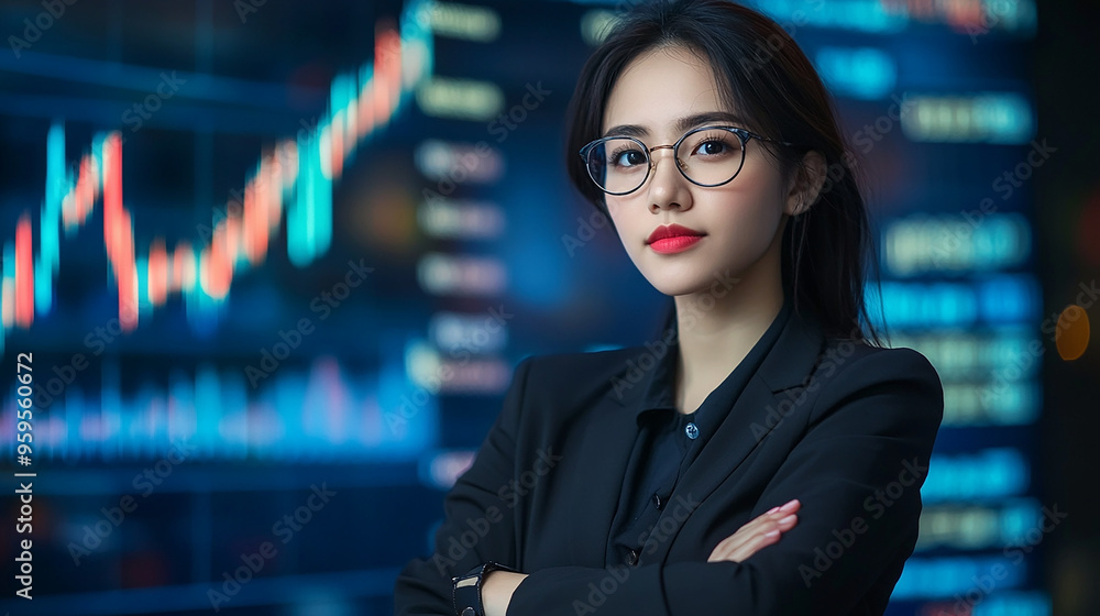 Businesswoman with crossed arms in front of an investment graph modern portrait stock market background analysis