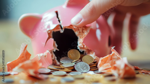 Broken Piggy Bank And Coins. Savings Gone. Financial Crisis. Money Problems.  Conceptual Image. photo