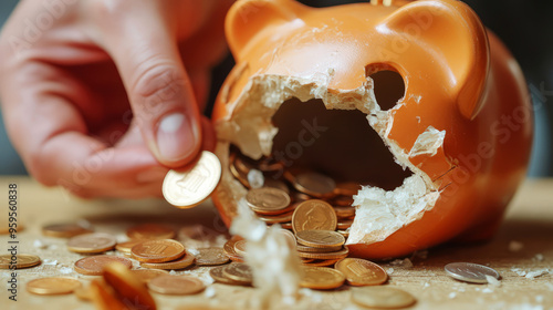 Broken Piggy Bank With Coins Scattered Around. Financial Loss, Bankruptcy Concept.