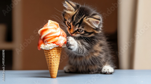 Curious Kitten Wants Ice Cream Cone. photo