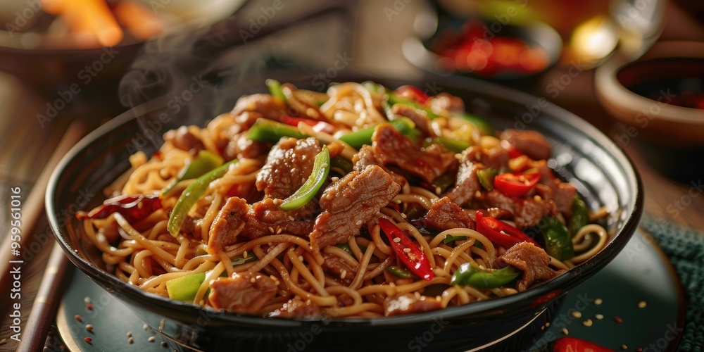 Stir-fried shredded pork with green peppers served over a bed of loose noodles Stir-fried shredded pork with green peppers served over a bed of loose noodles