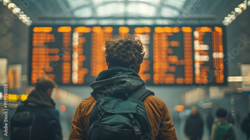 Confused traveler looking at flight information board in a crowded airport terminal, natural lighting