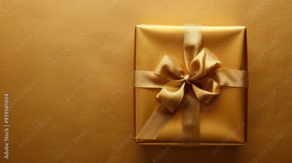 Golden Gift Box with Satin Ribbon Bow on a Glittering Gold Background - A Symbol of Celebration and Luxury. Golden Gift Box with Satin Ribbon Bow on a Glittering Gold Background - A Symbol of Celebration and Luxury.