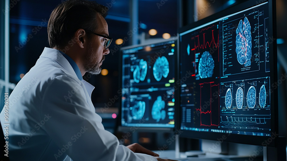 Doctor use computer AI technology support in monitoring patients remotely, enabling timely intervention and reducing hospitalization rates in chronic disease management. Doctor use computer AI technology support in monitoring patients remotely, enabling timely intervention and reducing hospitalization rates in chronic disease management.