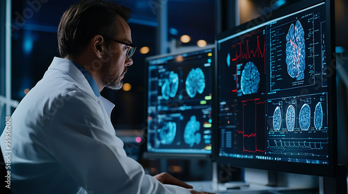 Doctor use computer AI technology support in monitoring patients remotely, enabling timely intervention and reducing hospitalization rates in chronic disease management.