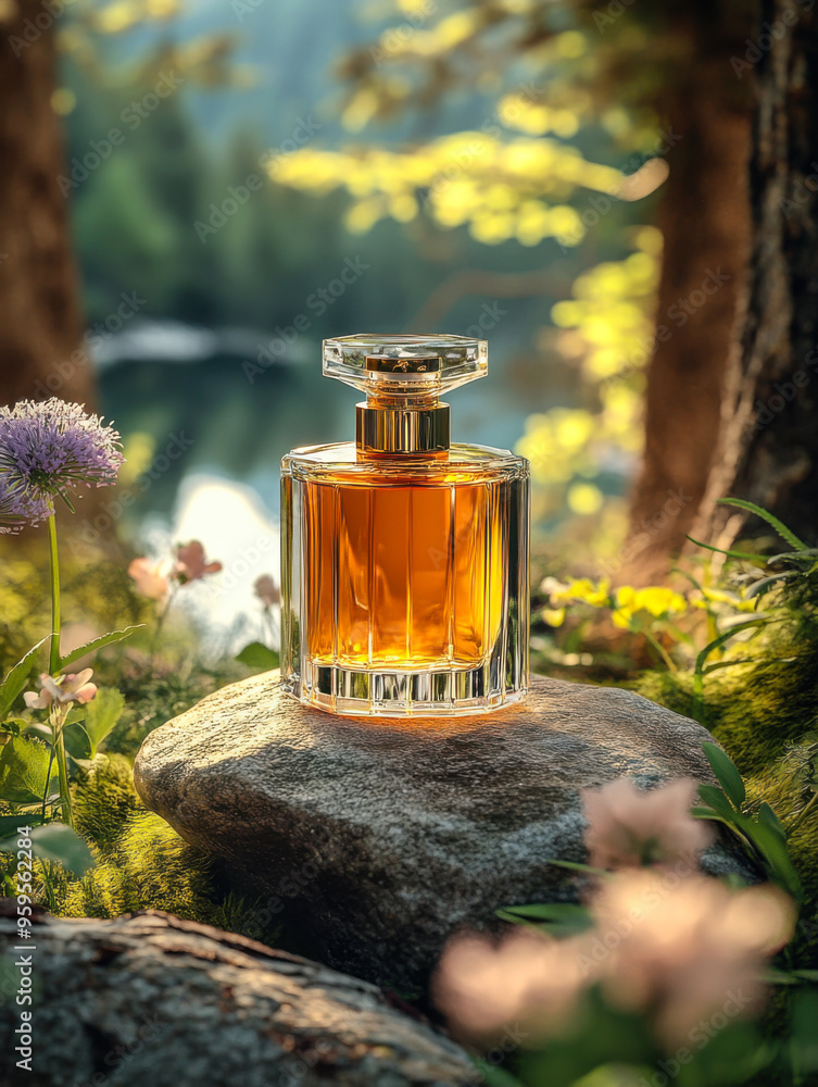 A bottle of amber-colored perfume is placed on the stone