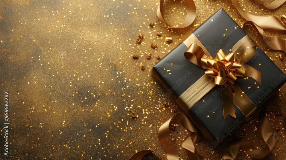 Black Gift Box With Gold Ribbon and Bow on Glittering Background. Black Gift Box With Gold Ribbon and Bow on Glittering Background.