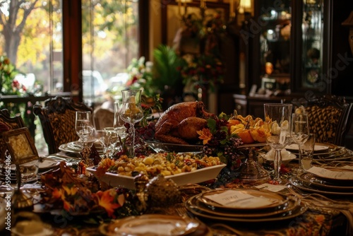 Thanksgiving Table Setting with Roasted Turkey.