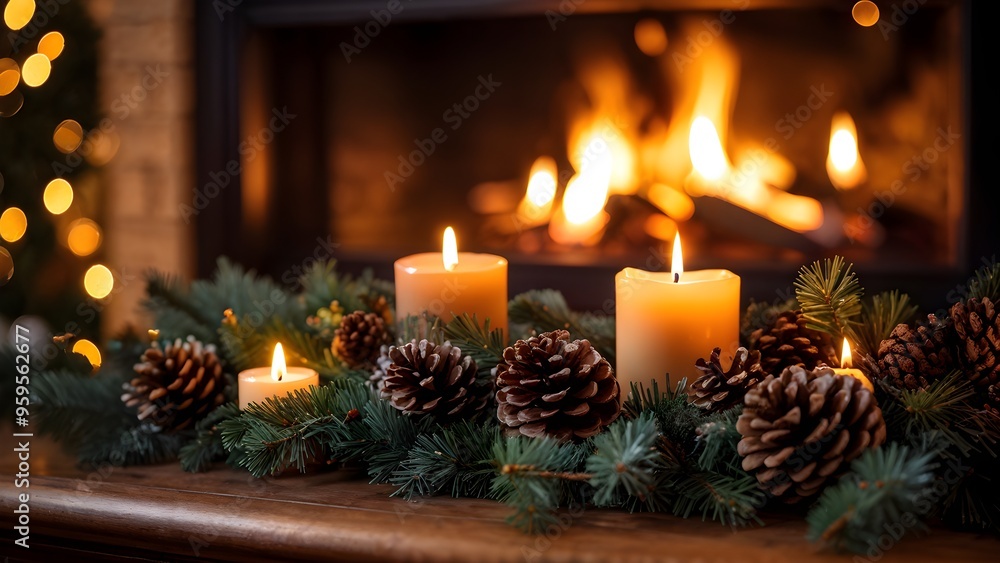 A cozy fireplace mantle decorated with pine cones, garlands, and lit candles A cozy fireplace mantle decorated with pine cones, garlands, and lit candles