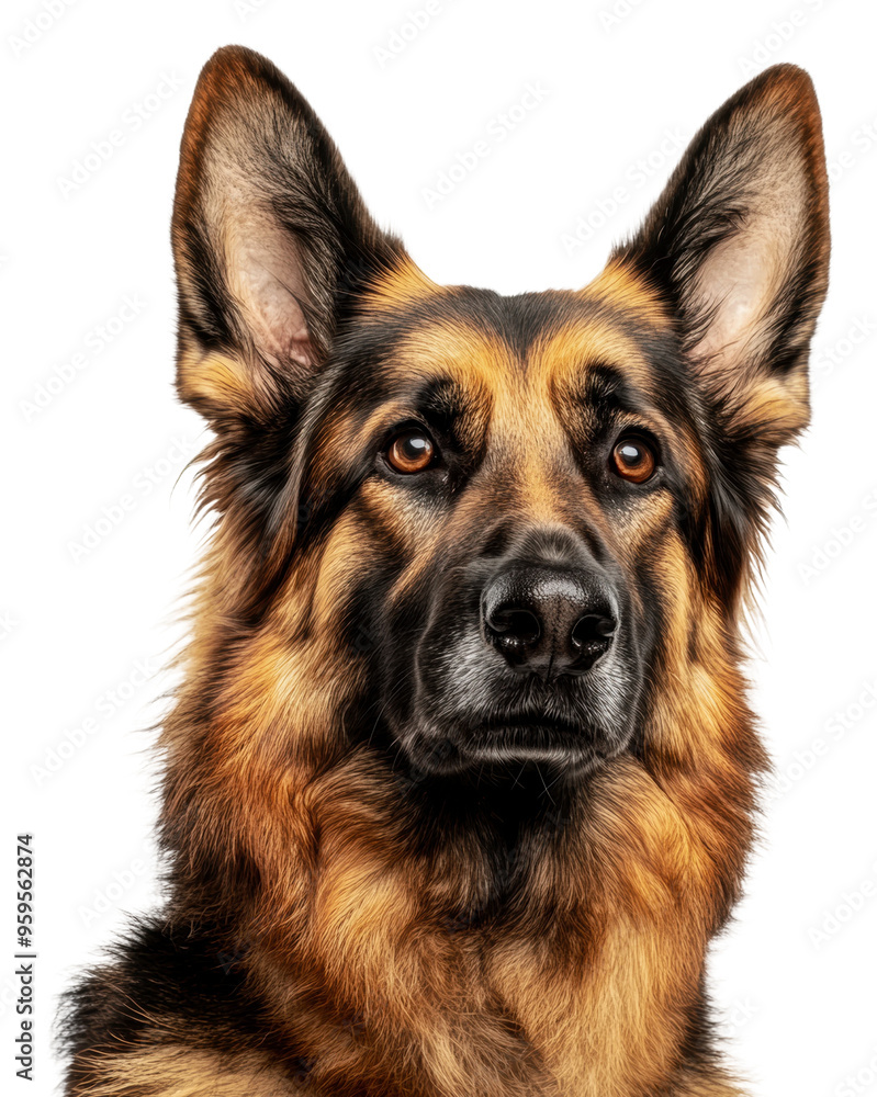 German Shepherd portrait on white, cut out - stock png. German Shepherd portrait on white, cut out - stock png.