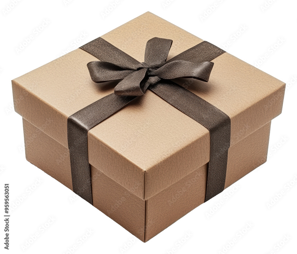 Wrapped gift box with a brown ribbon on display, cut out - stock png. Wrapped gift box with a brown ribbon on display, cut out - stock png.