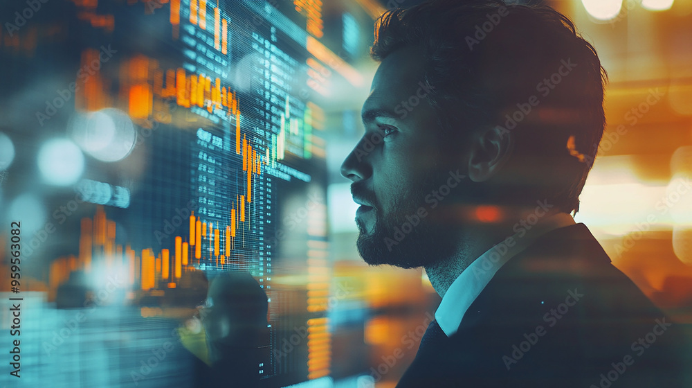 Double exposure Businessman monitors financial performance regularly for stability. Double exposure Businessman monitors financial performance regularly for stability.