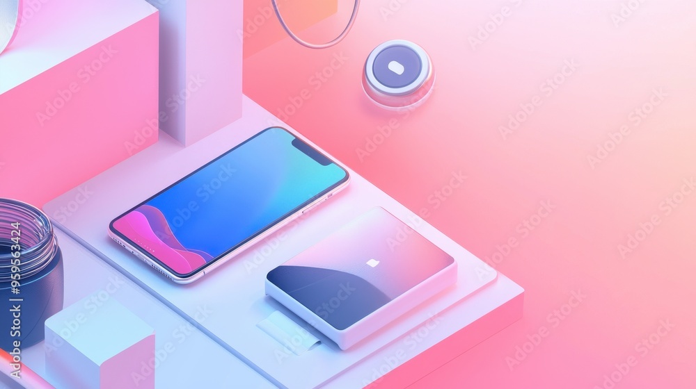 Modern Smartphone and Accessories on a Pink and Blue Background. Modern Smartphone and Accessories on a Pink and Blue Background.