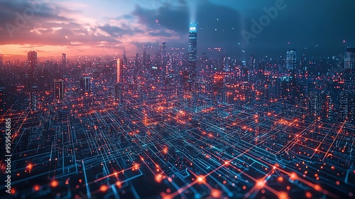 A futuristic cityscape with glowing lines connecting buildings, symbolizing technology and connectivity.