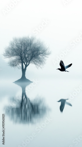 A mystical, quiet and serene landscape. An aesthetic foggy nature photograph photo