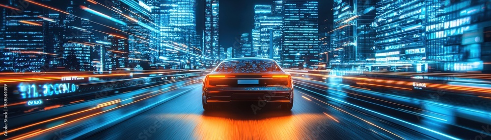 Dynamic cityscape at night featuring a speeding car amidst vibrant blue and orange lights, capturing motion and urban energy. Dynamic cityscape at night featuring a speeding car amidst vibrant blue and orange lights, capturing motion and urban energy.