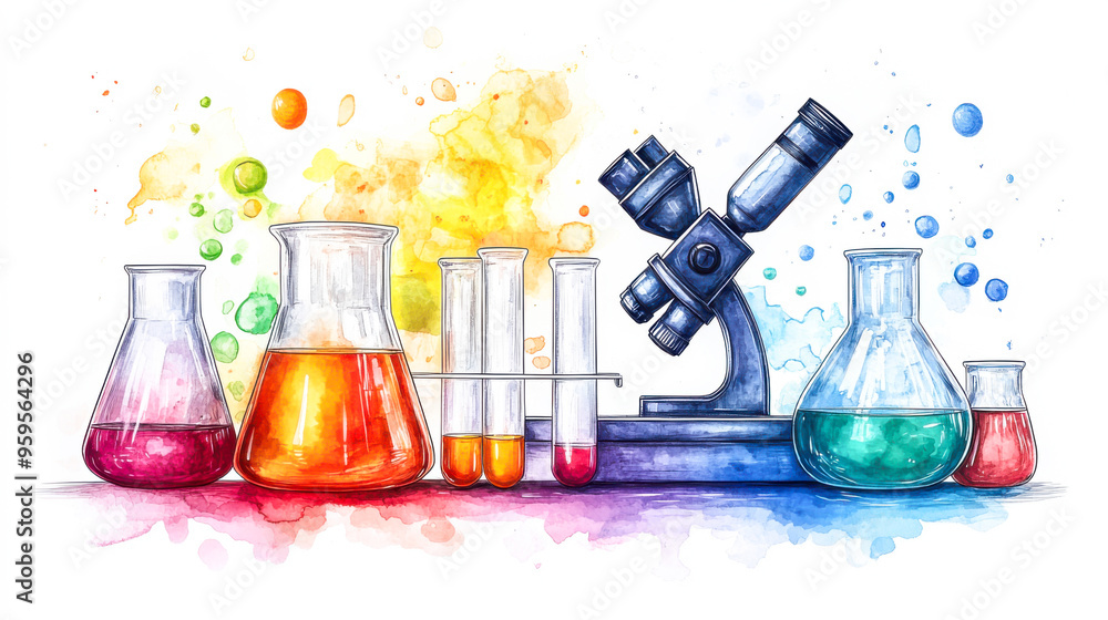 Watercolor science lab background with test tubes