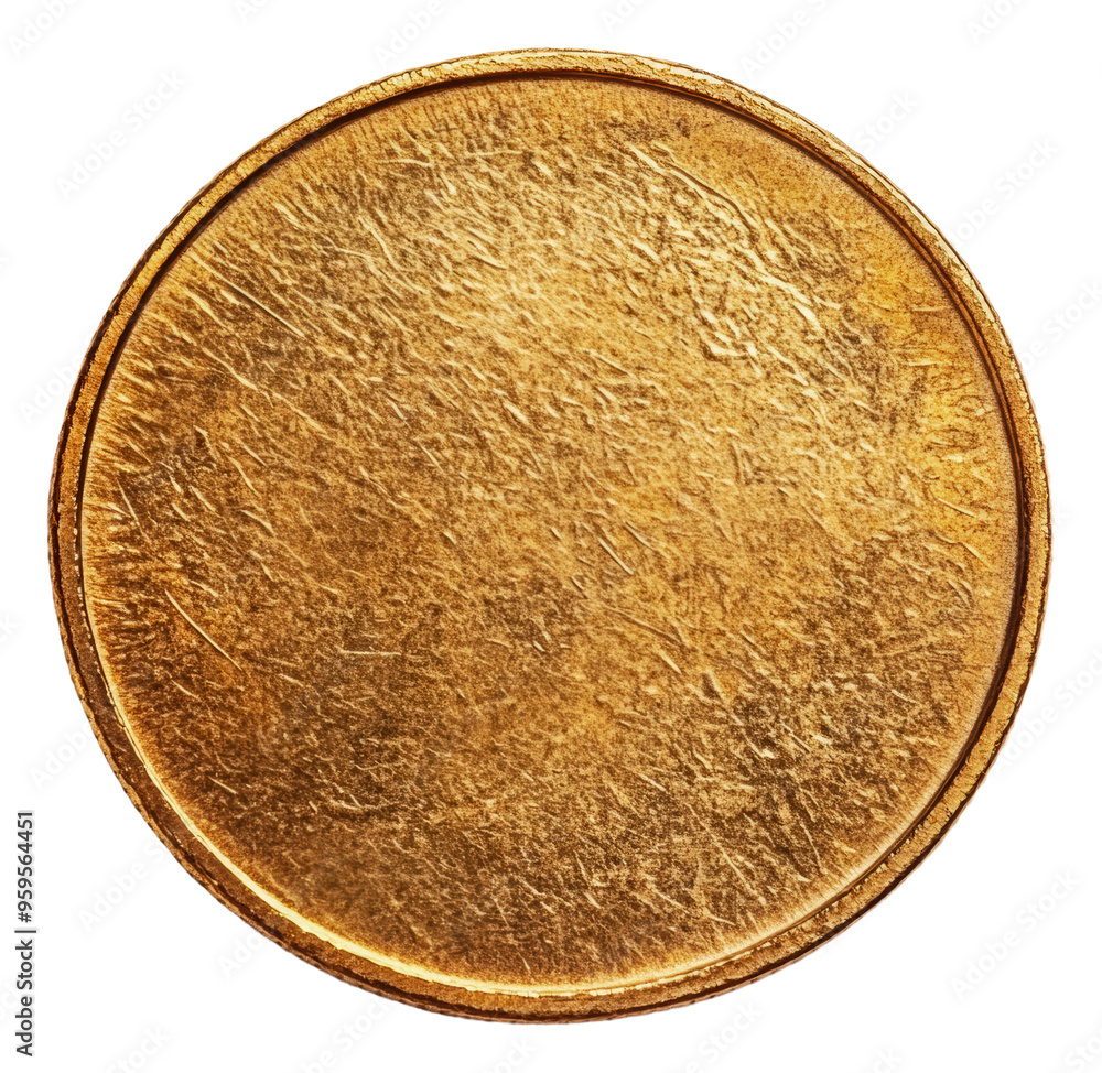 Textured gold coin on white background, cut out - stock png. Textured gold coin on white background, cut out - stock png.