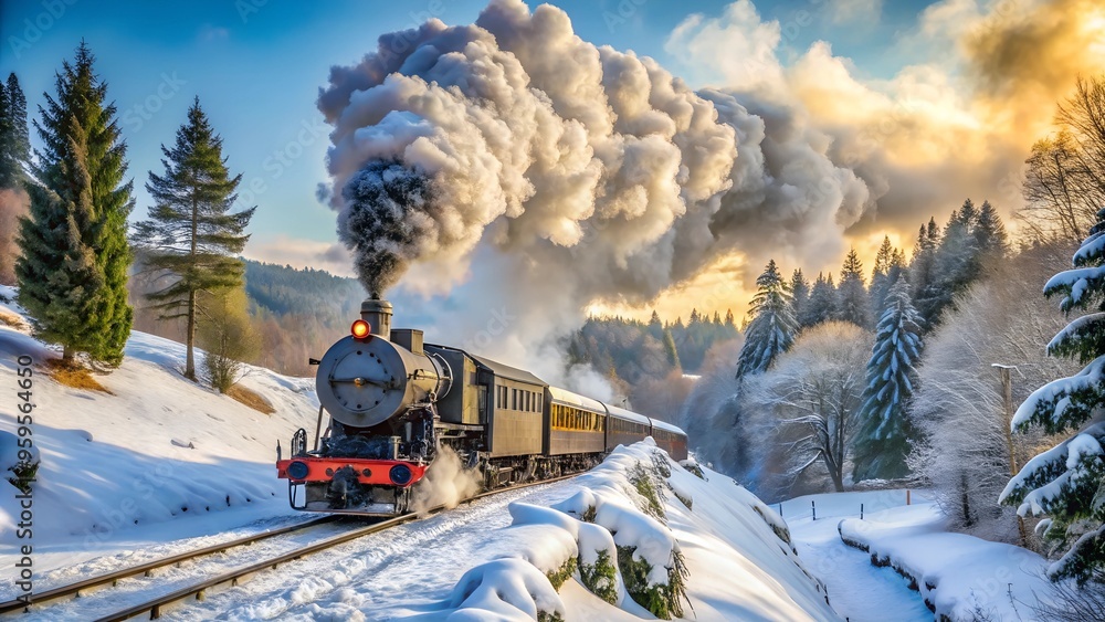 Obraz premium Steam train ride in winter snow travel scene