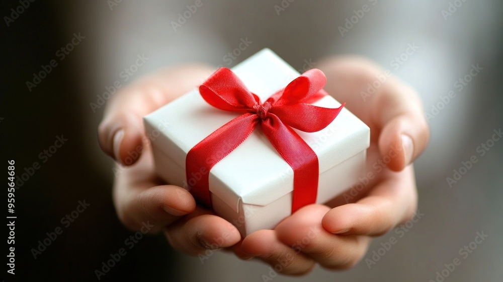 Hands presenting a small white gift box with a red ribbon, signifying a gesture of giving, celebration, or a special occasion. Hands presenting a small white gift box with a red ribbon, signifying a gesture of giving, celebration, or a special occasion.