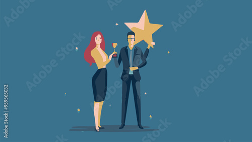 
Professional or expert who success and win award best office employee or specialist with skills to achieve goal concept success businessman and businesswoman professional stand with star award