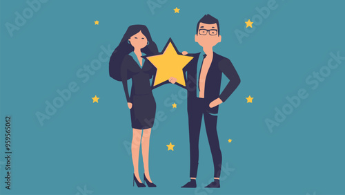 
Professional or expert who success and win award best office employee or specialist with skills to achieve goal concept success businessman and businesswoman professional stand with star award