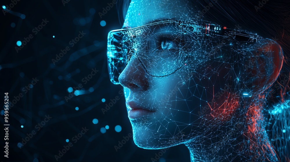 custom made wallpaper toronto digitalA woman's face is made of digital particles, she wears futuristic glasses and stares intensely.  A futuristic concept of digital identity.