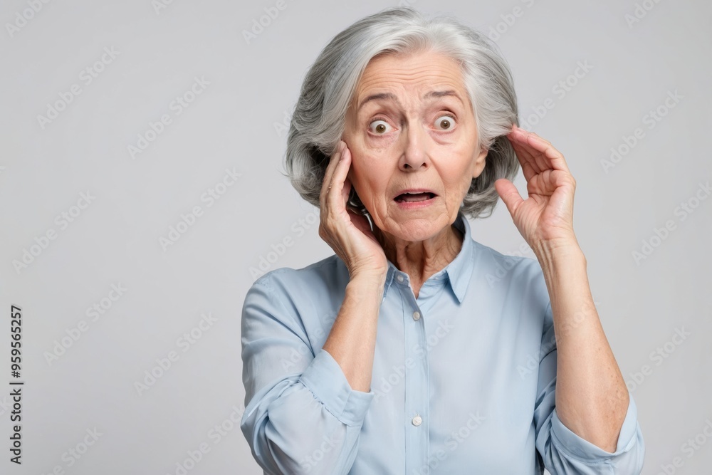 Surprised senior woman in blue shirt against white background Surprised senior woman in blue shirt against white background