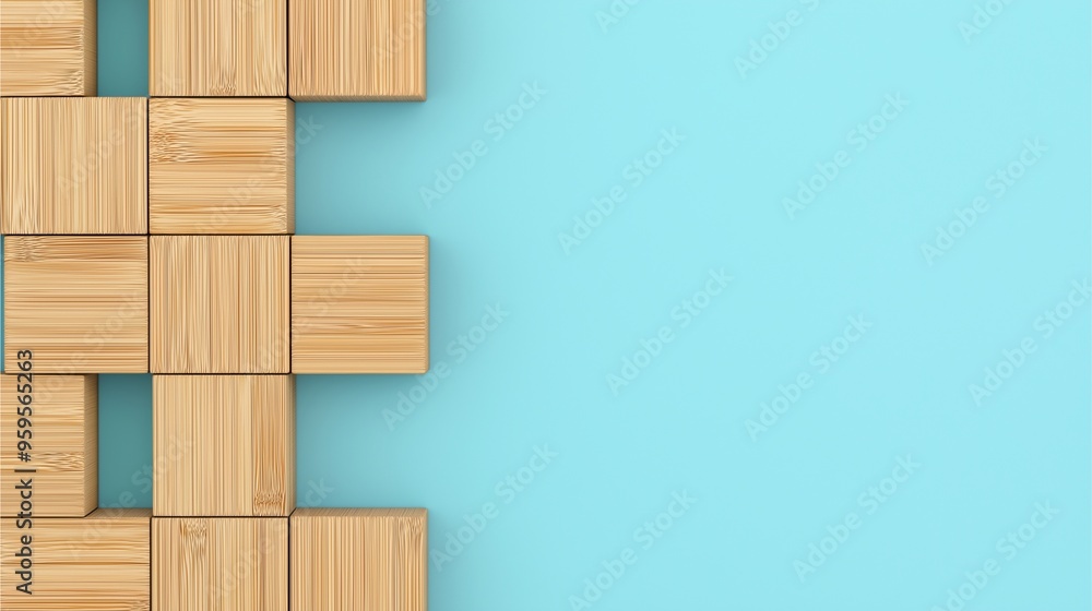 Wooden Background: Wooden blocks arranged on a bright blue background in geometric design. Wooden Background: Wooden blocks arranged on a bright blue background in geometric design.