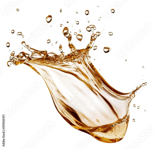 Splash of amber liquid in mid-air with droplets, cut out - stock png.