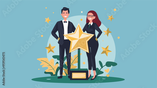 
Professional or expert who success and win award best office employee or specialist with skills to achieve goal concept success businessman and businesswoman professional stand with star award