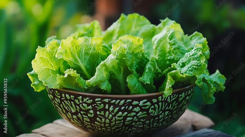 Fresh Romaine Lettuce in Decorative Bowl with Blurred Background, Vibrant Green Leaves - Healthy Eating Concept Fresh Romaine Lettuce in Decorative Bowl with Blurred Background, Vibrant Green Leaves - Healthy Eating Concept