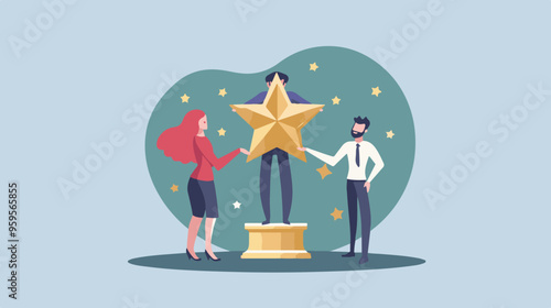 
Professional or expert who success and win award best office employee or specialist with skills to achieve goal concept success businessman and businesswoman professional stand with star award