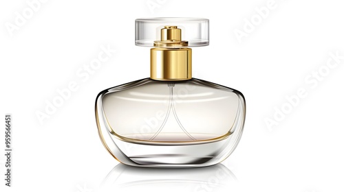 Elegant golden perfume bottle made of transparent glass, front view, isolated on a clean white background, perfect for luxury, beauty, and fragrance product concepts in high definition