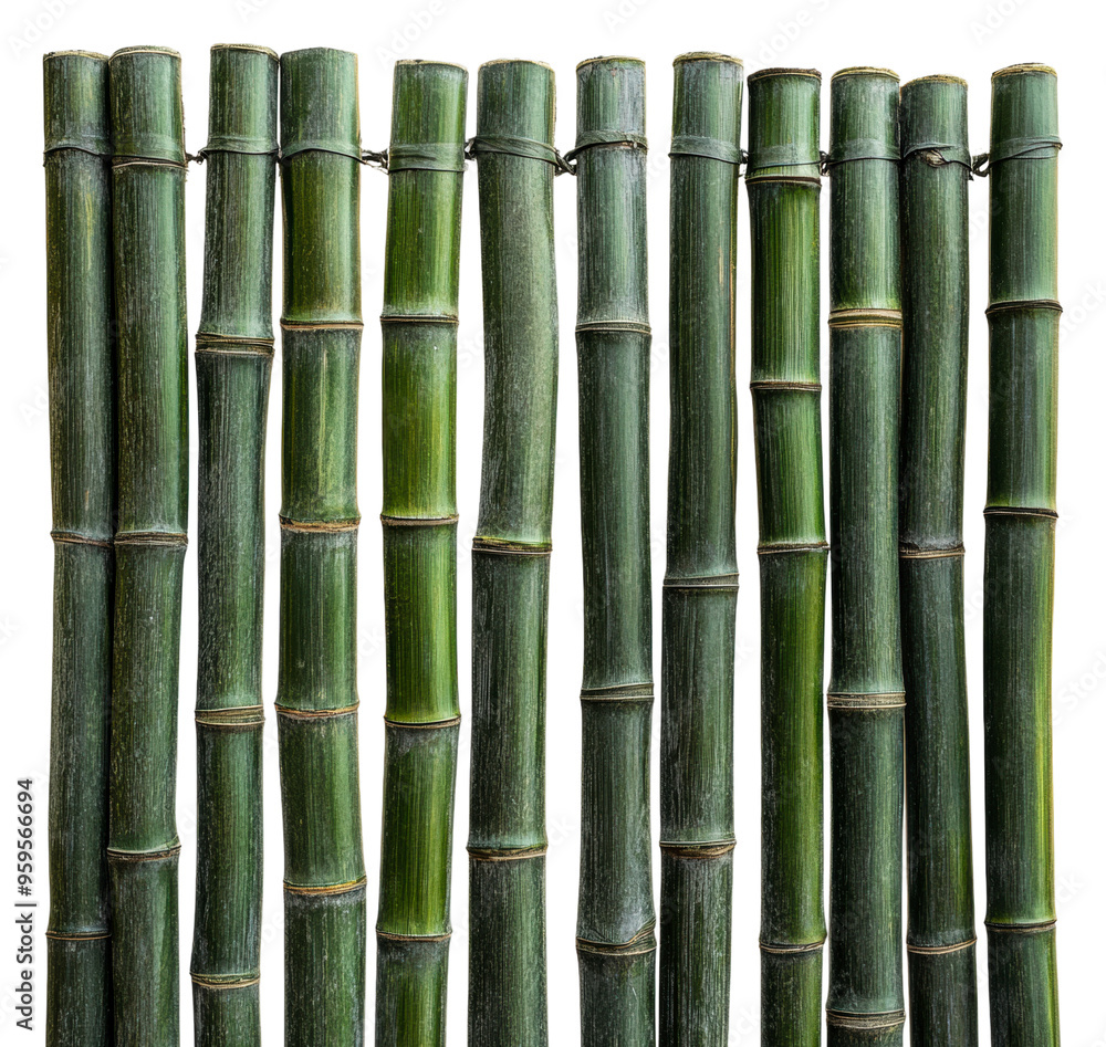 Green bamboo stalks arranged vertically in a line, cut out - stock png. Green bamboo stalks arranged vertically in a line, cut out - stock png.