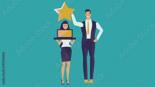 
Professional or expert who success and win award best office employee or specialist with skills to achieve goal concept success businessman and businesswoman professional stand with star award