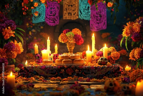 Day of the Dead Altar with Candles and Flowers.