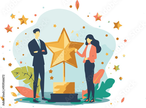 
Professional or expert who success and win award best office employee or specialist with skills to achieve goal concept success businessman and businesswoman professional stand with star award