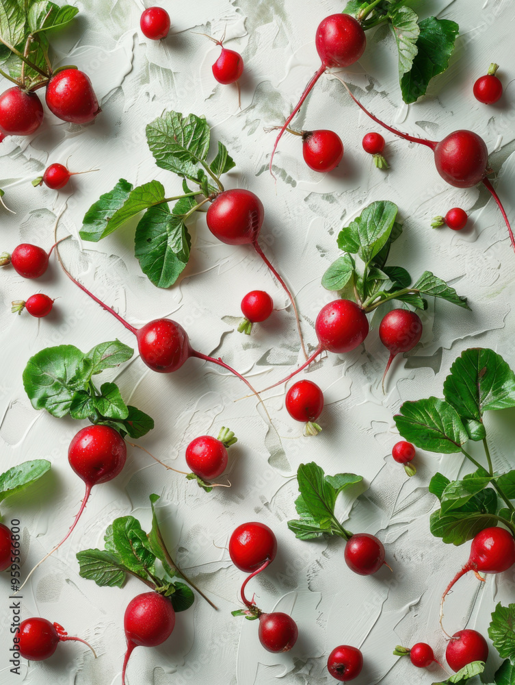 Various falling fresh ripe radish on light white background, horizontal composition Various falling fresh ripe radish on light white background, horizontal composition