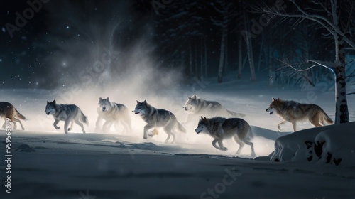 Group of wolves running in the snow at night