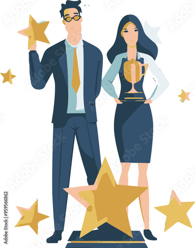 
Professional or expert who success and win award best office employee or specialist with skills to achieve goal concept success businessman and businesswoman professional stand with star award
