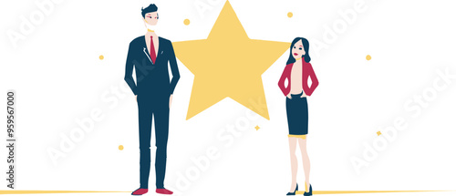 
Professional or expert who success and win award best office employee or specialist with skills to achieve goal concept success businessman and businesswoman professional stand with star award